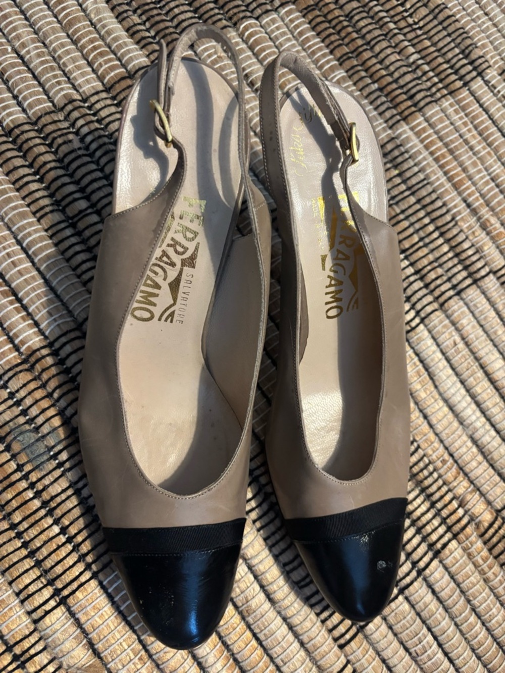 Salvatore Ferragamo Taupe and Black Cap-Toe Slingback Heels